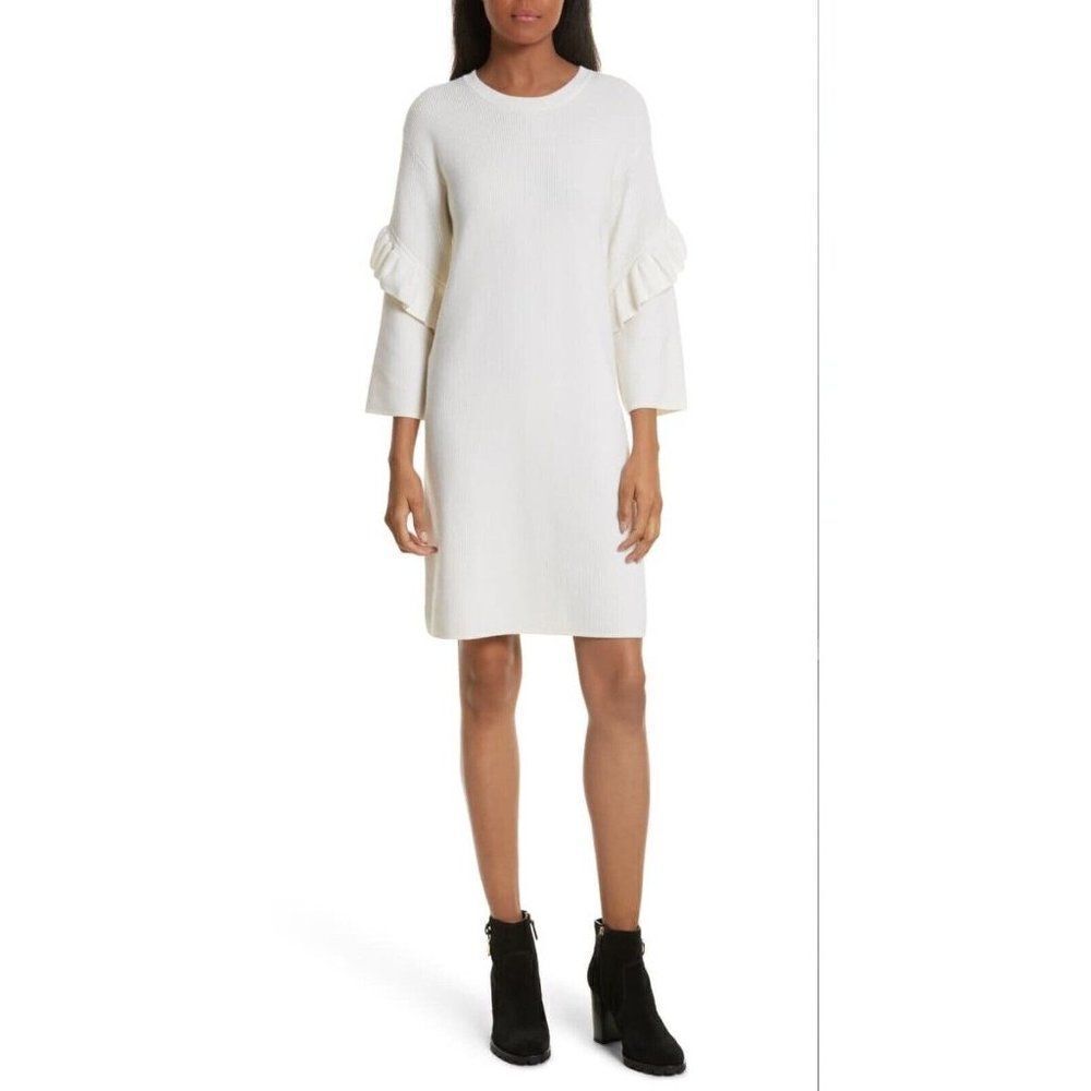 Tory Burch Frill Trim Ashley Wool Knit Ruffle Sweater Dress  Cream Size XS